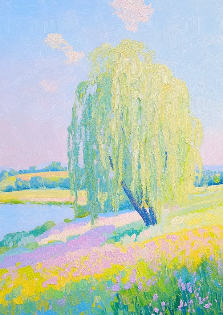 The painting depicts a sunny summer day with a large weeping willow tree in the foreground. The tree has long, flowing branches that almost touch the ground. Behind the willow, a river meanders through a field of wildflowers. The sky is a bright blue with fluffy white clouds. The overall tone of the painting is peaceful and serene, with soft colors and a gentle atmosphere.
