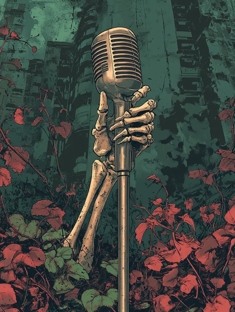 The image depicts a skeletal hand gripping a vintage microphone. The hand emerges from a lush, overgrown jungle, surrounded by vibrant green leaves and red flowers. The background is a decaying cityscape, suggesting a post-apocalyptic or abandoned setting. The image evokes a sense of mystery and intrigue, hinting at a story waiting to be told.
