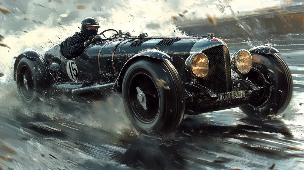 A vintage black race car with the number 15 painted on its side speeds down a wet road. The driver is wearing a helmet and goggles, and the car is kicking up water and spray. The painting is done in a stylized way, with thick brushstrokes and a blurry background.  The car's sleek lines and powerful engine give it a sense of speed and energy.
