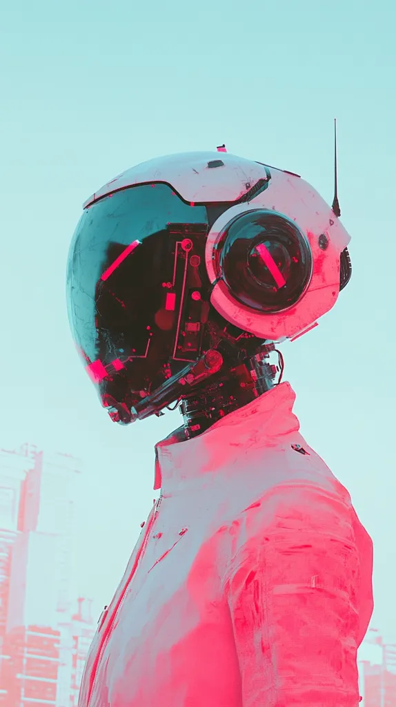 A futuristic robot with a white helmet and pink body stands in front of a blurry city background. The helmet has a black visor and a large earpiece on the right side. The robot's body is glowing with a pink hue, highlighting the details of its clothing. The image is stylized with a focus on cyberpunk aesthetics.