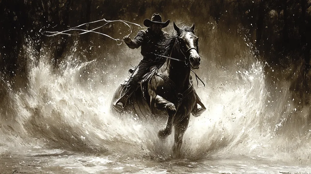 A cowboy rides a horse through a river, his silhouette a dark figure against the churning white water. The horse's powerful legs churn the water as it gallops forward, its mane flowing in the wind. The cowboy holds a lasso in his hand, ready to catch his target. The painting is rendered in a sepia tone, adding to the sense of mystery and adventure.