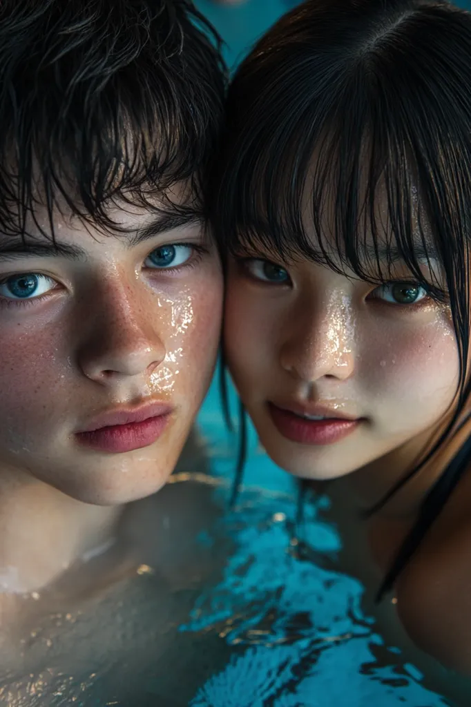Photograph of a cute, fit, thin, intimidated 16-year-old Caucasian boy who has wet medium-length black hair, big blue eyes, long eyelashes, and a pretty face, face-to-face with a gorgeous, fit, thin, mischievous 16-year-old Japanese girl who has wet shoulder-length straight black hair, big green eyes, long eyelashes, slightly open lips with the hint of a smiles, while they both float in the water at a public pool with other swimmers and poolside furniture in the background. Their lips are close to meeting each other. They have droplets of water on their skin. Late afternoon lighting. --ar 2:3 --v 6.1