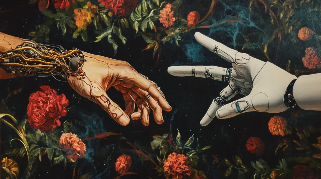 The painting depicts a human hand reaching out to a robotic hand, both hands are in the middle of a dark background filled with red and yellow flowers. The robotic hand is white and silver, while the human hand is flesh-toned and covered in a network of veins and wires. The image is suggestive of the relationship between humanity and technology. The dark background and flowers create a sense of mystery and intrigue, while the outstretched hands suggest a sense of connection and hope. The painting is a powerful symbol of our evolving relationship with technology and the potential for a future where humans and machines co-exist in harmony.