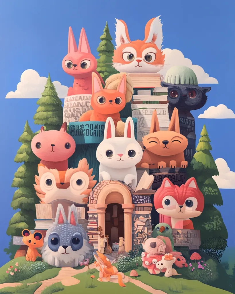 A whimsical illustration of a group of anthropomorphic animals, mostly rabbits and foxes, gathered around a stone archway, with books stacked high and foliage surrounding them. The animals are depicted in bright colors and whimsical poses, conveying a sense of playful storytelling and imagination. The setting, a woodland clearing with a blue sky above, adds to the charming and whimsical atmosphere.