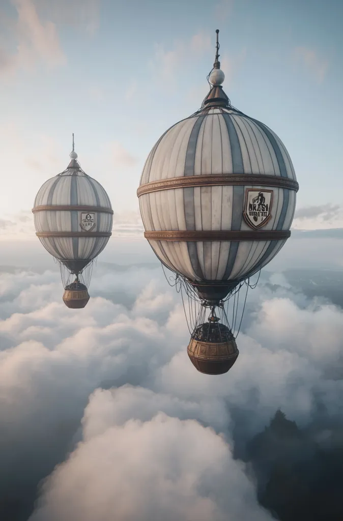 Two hot air balloons, one larger than the other, soar through a cloudy sky. The larger balloon has intricate detailing and a crest bearing the inscription "Mrasi Aerial Fleet." The smaller balloon is simpler in design, showcasing a crest of its own. Both balloons are suspended against a backdrop of fluffy white clouds and a hazy, distant landscape. The scene evokes a sense of adventure and wonder, as if the balloons are venturing into uncharted territory.