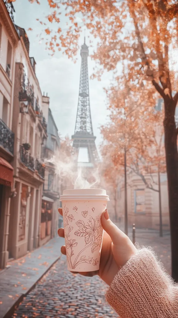 A hand holds a steaming cup of coffee with a floral design against a Parisian backdrop. The Eiffel Tower peeks through the branches of a tree in the background, casting a soft, ethereal glow. Fallen leaves litter the cobblestone street, adding to the autumnal ambiance. The scene evokes a sense of cozy warmth and Parisian charm.