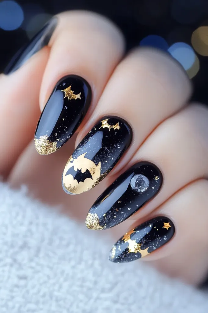 A hand with long, almond-shaped nails painted in a black base with a glittery finish. The nails are adorned with gold accents, including bats, stars, and moons. The nails are close-up and in focus, while the hand and background are blurred. The image evokes a sense of Halloween and festivity.