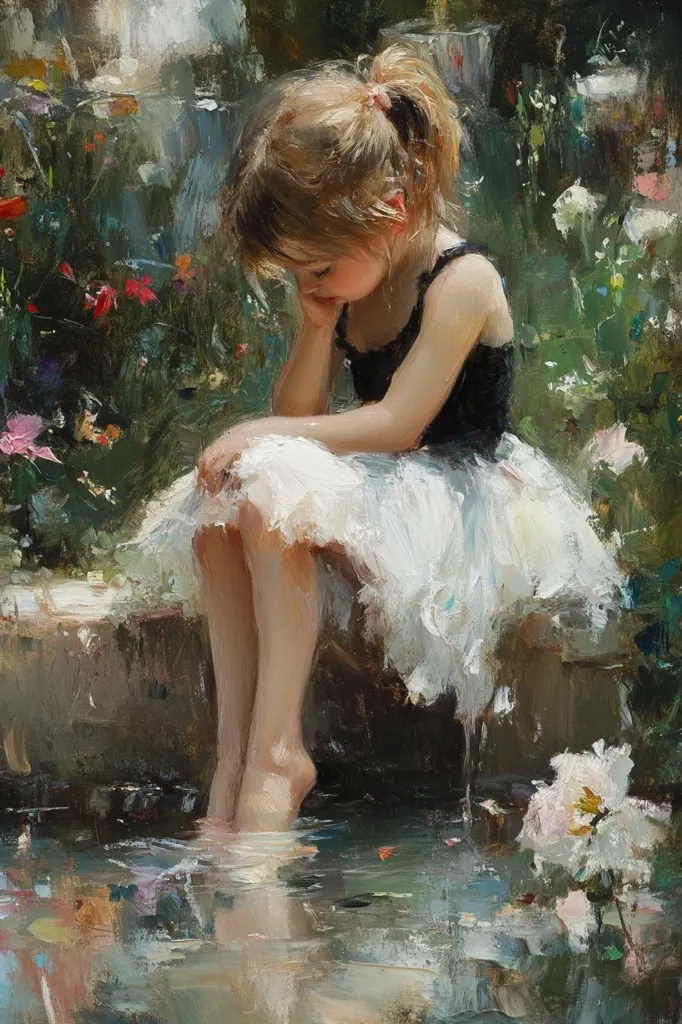 A young girl in a black leotard and white tutu sits on a stone ledge by a pond. Her blonde hair is tied back with a ribbon, and she has her chin resting on her hand as she looks down. Lush greenery and flowers surround her, and her reflection is visible in the water. The painting is done in a realistic style with a soft, Impressionistic feel.