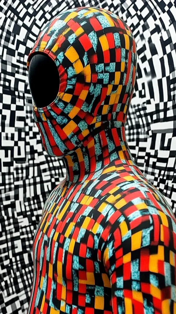 A person is wearing a colorful, geometric patterned jumpsuit that creates an optical illusion.  The suit is predominantly red, yellow, and blue, with a black background. The person's head is covered in a matching hood, and they are standing in front of a black and white checkered background.  The overall image is a striking mix of color and pattern.