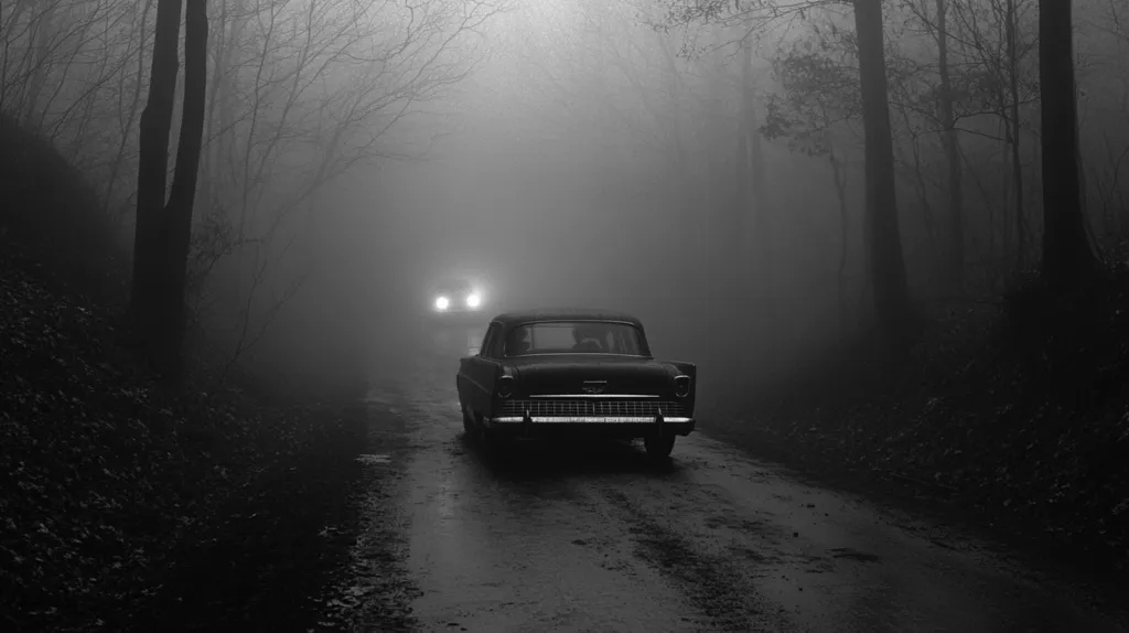 A black car drives down a foggy forest road. The trees on either side of the road are barely visible, obscured by the thick fog.  The car's headlights pierce the fog, illuminating the road ahead. The image creates a sense of mystery and intrigue, inviting the viewer to wonder what lies beyond the fog.