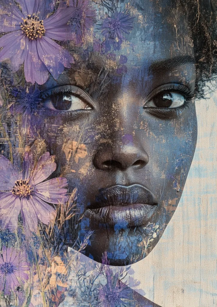 The image is a close-up portrait of a woman's face, with purple flowers overlayed on the image. The woman has dark skin and dark hair. Her eyes are closed and her lips are pursed. The image is created in a painterly style, with brushstrokes visible and a textured background. The overlaying flowers add a layer of beauty and mystery to the portrait.