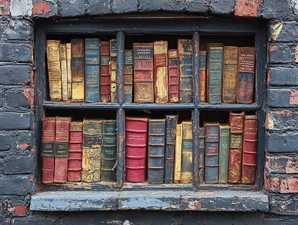 A close-up shot of a small, black-framed bookshelf nestled within a brick wall. The shelves are filled with rows of antique-looking books, some with leather bindings and faded titles. The aged wood and the worn brick give the image a sense of history and knowledge. The books are arranged neatly, creating a visual pattern of spines and colors. The bookshelf is a testament to the enduring power of literature.