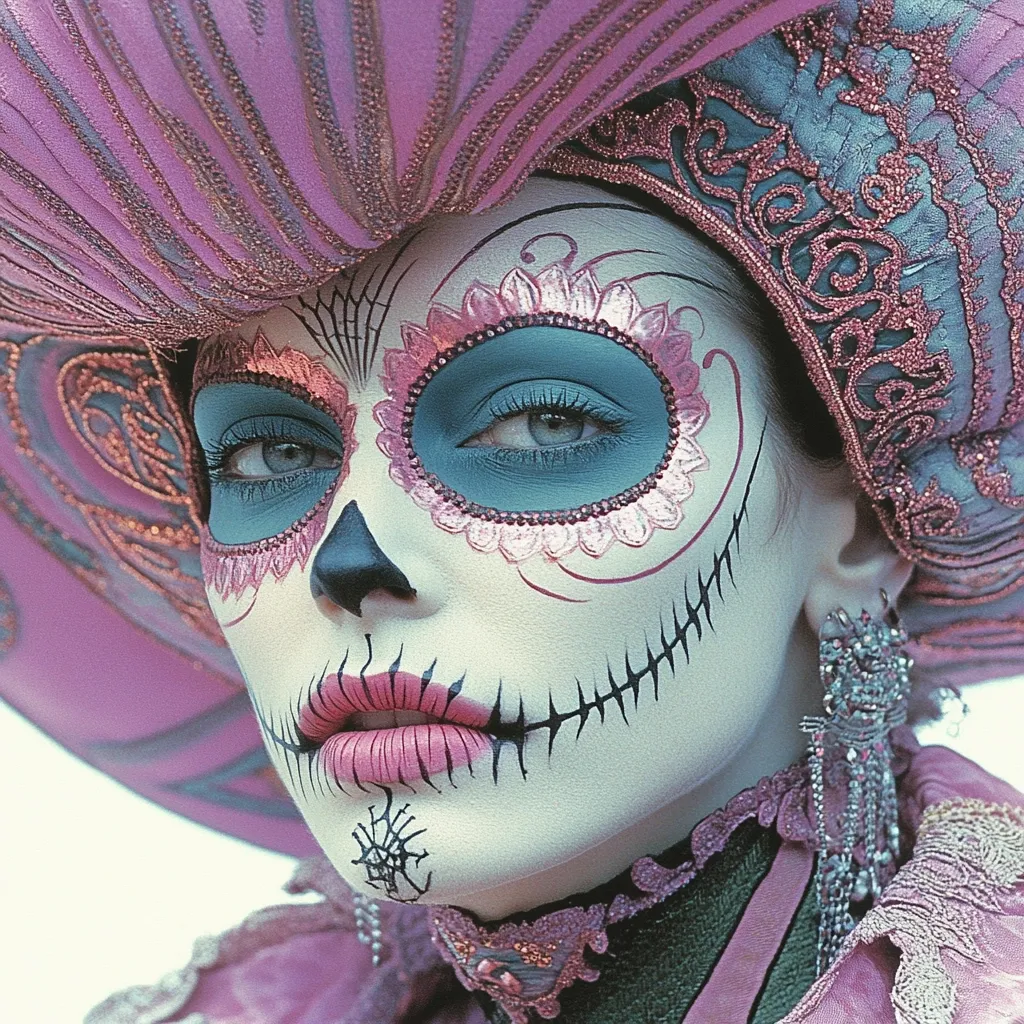 A woman with elaborate Day of the Dead makeup is pictured in the image. Her face is painted white with black lines around the eyes, nose and mouth, a spiderweb on the chin, and blue and pink flower designs around the eyes. She is wearing a pink and purple headdress with glittering trim.  The woman's eyes are a striking blue, and she is looking directly at the camera.  She has large, dangling earrings made of silver and glitter.