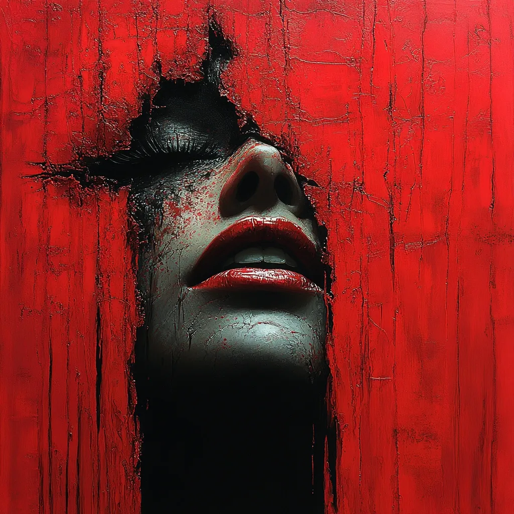 A woman's face is partially obscured by a red, textured wall. Her eyes are closed, and her lips are painted a bright red. The wall is cracked and weathered, creating a sense of age and decay. The image has a dark and mysterious tone.  The woman's expression is one of both pain and vulnerability.