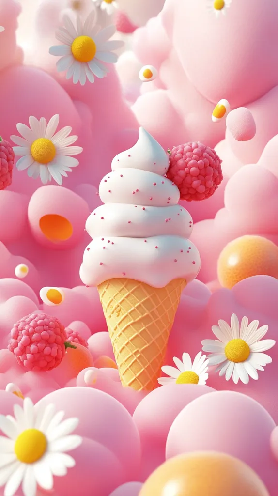 A white ice cream cone with sprinkles sits on a bed of soft pink and yellow clouds.  The ice cream has a pink raspberry on top.  Daisies and raspberries are scattered throughout the image, adding a touch of sweetness and color. The image has a playful and whimsical feel, suggesting a delicious treat in a dreamlike setting.