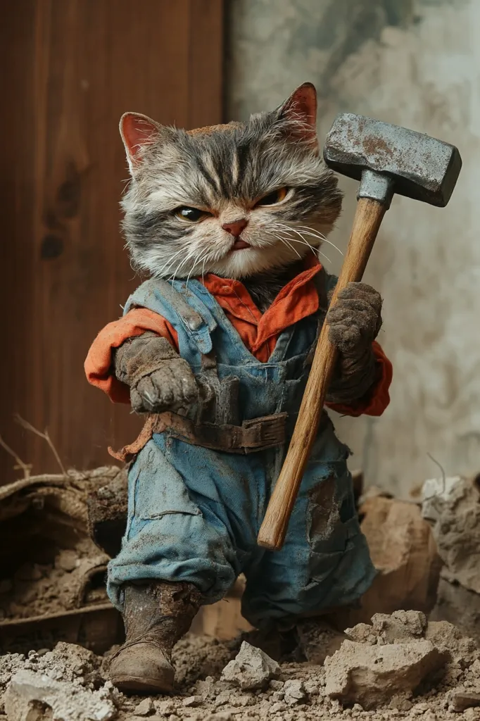 A tabby cat, wearing blue overalls and a red shirt, stands in a pile of rubble. The cat has a stern expression and holds a large sledgehammer in its right paw. The cat's clothing is dirty and worn, suggesting it has been working hard. The background is a wall of rough stone. The image is a humorous take on the classic construction worker.