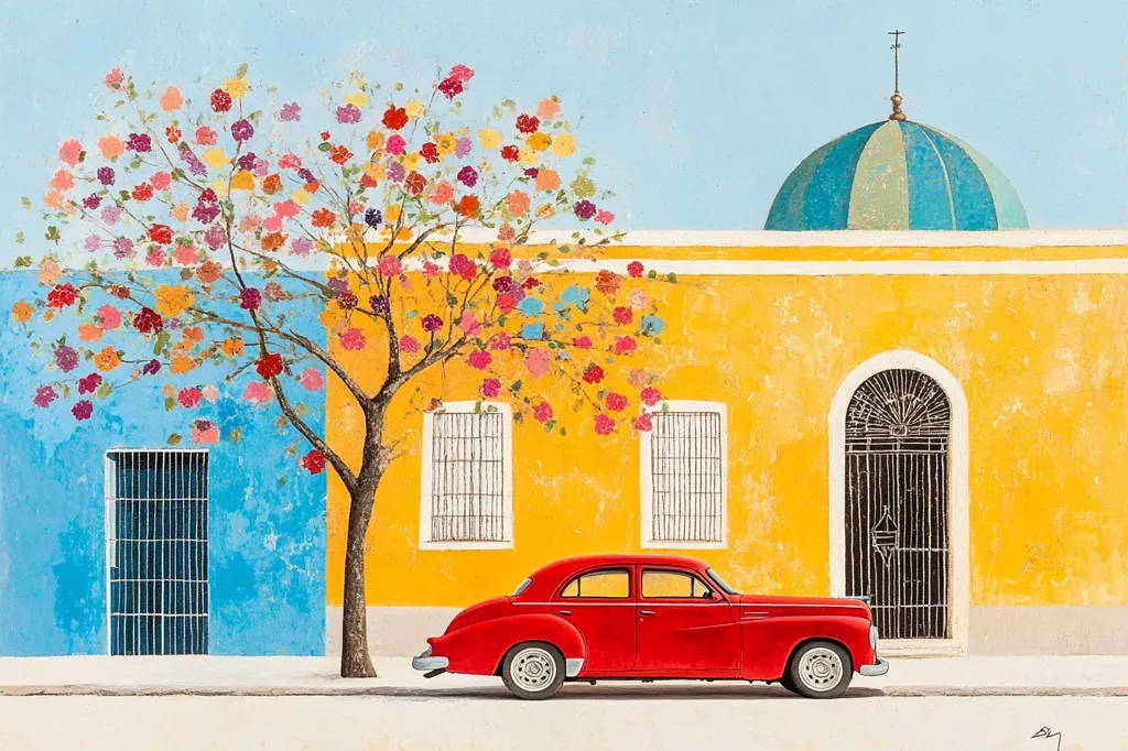 A vibrant painting depicts a red classic car parked in front of a colorful building. The building is adorned with a blue and green domed roof and a yellow facade accented by a blue wall. A blooming tree with pink, orange, and purple flowers adds a touch of whimsy to the scene. The white sidewalk and blue sky create a serene backdrop. The painting captures a moment of tranquil beauty with a touch of nostalgic charm.