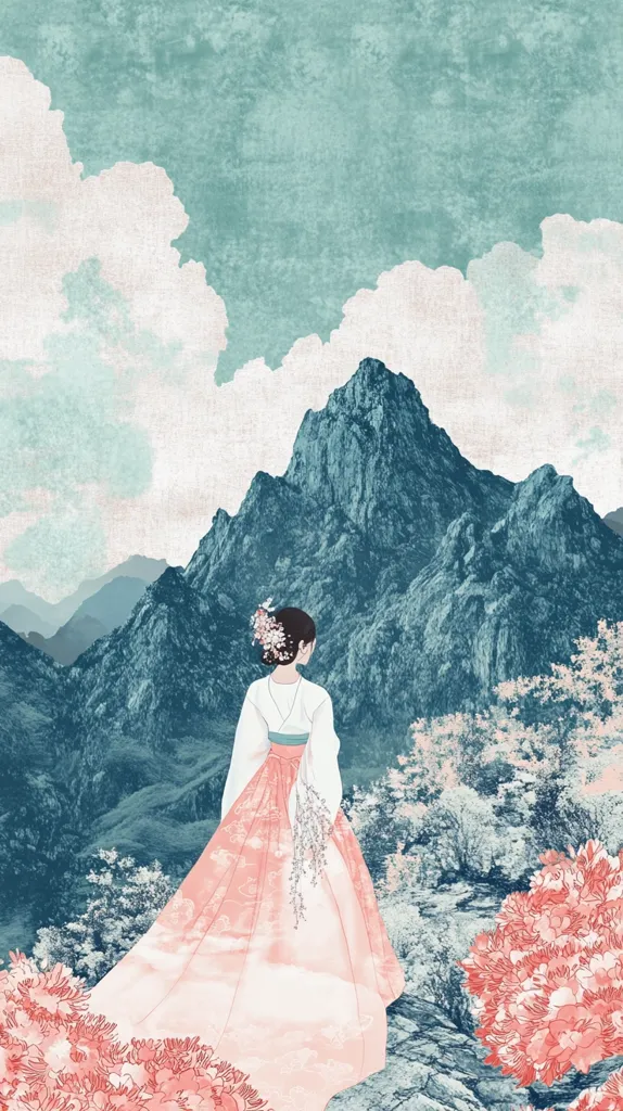 A woman in a traditional pink dress stands in front of a mountain range.  She is facing away from the viewer, looking at the mountains. The scene has a soft, watercolor-like feel. Pink flowers are growing at her feet. The mountains are large and imposing, while the sky is a pale blue and white.  The artwork seems to be in an Asian style.