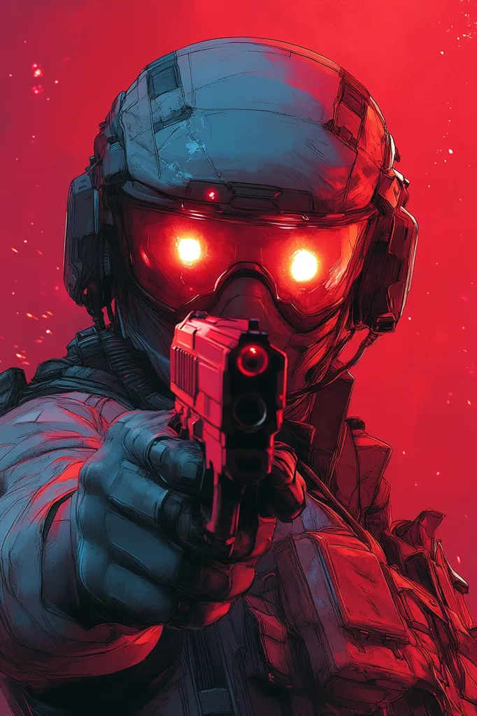 A soldier in a futuristic helmet with glowing red eyes is aiming a gun at the viewer. He is wearing a dark suit and the background is a vibrant red with a blurred effect. The image has a gritty, comic book style.