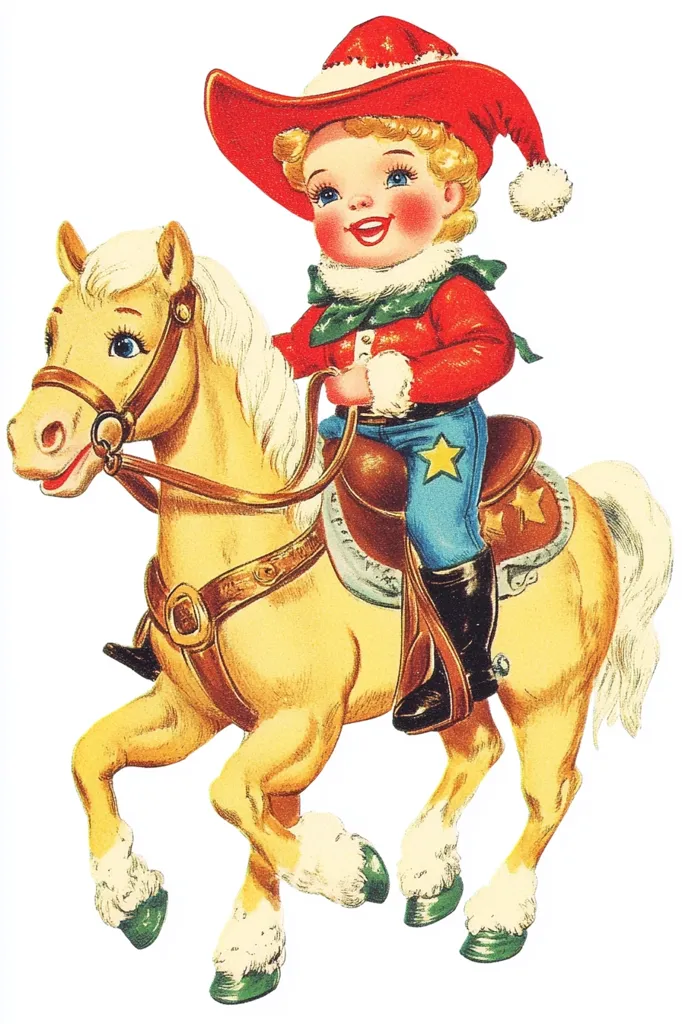 A young boy, wearing a red and white Santa hat and cowboy outfit, sits on a yellow toy horse. He is smiling and appears to be riding the horse, which has a brown saddle and a white mane.  The image is cartoonish and whimsical, with bright colors and exaggerated features. It is likely a Christmas-themed illustration.  The image is clean and well-defined.