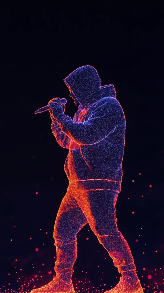 A person, depicted as a shimmering constellation of red and blue dots, stands on a dark stage. They are wearing a hooded sweatshirt and hold a microphone in their hand. The background is a dark canvas of twinkling red dots, adding a touch of magic to the image. The artist appears to be singing or rapping, their stance suggesting a captivating performance.