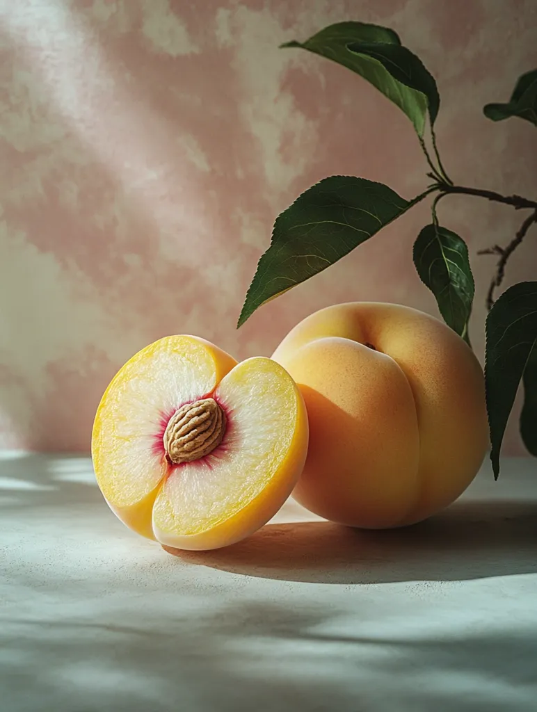 A halved peach lies on a white surface with a whole peach behind it.  The peaches have a creamy yellow flesh and a red pit. Green leaves of a tree branch frame the peaches in the background.  The surface is illuminated by a soft, indirect light.  The background is a faded, pink and white color.