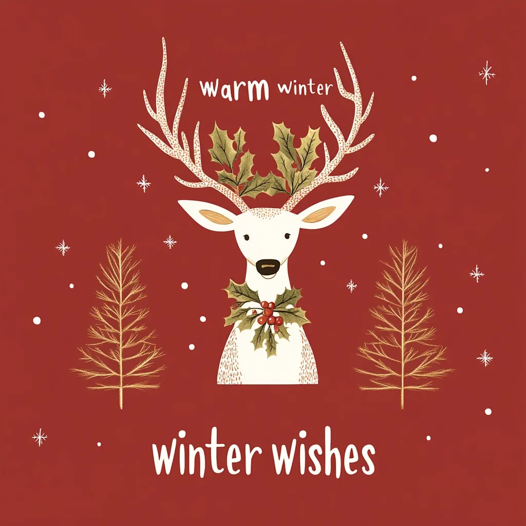 A white deer with gold antlers and a holly wreath around its neck stands on a red background with two gold trees behind it. Above the deer, white text reads \