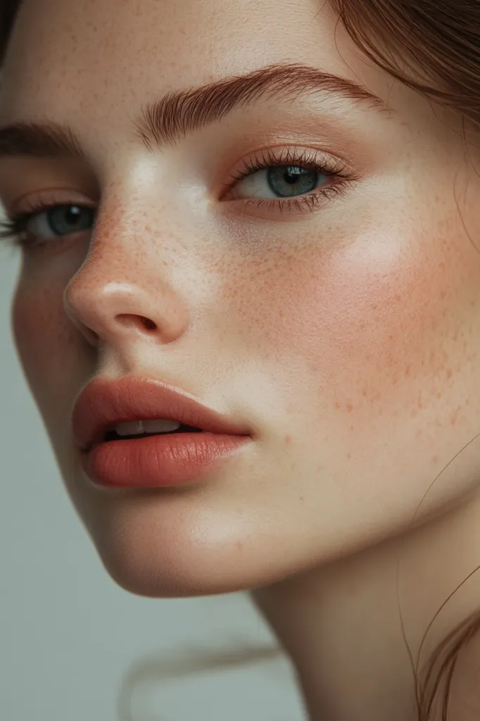 A close-up shot of a woman's face, featuring her right eye and the lower portion of her face. Her skin is pale and freckled, with soft, peachy blush and light, natural makeup. Her gaze is directed to the right, and her lips are slightly parted, suggesting a subtle smile. The image highlights the beauty of natural features and the delicate details of the face.