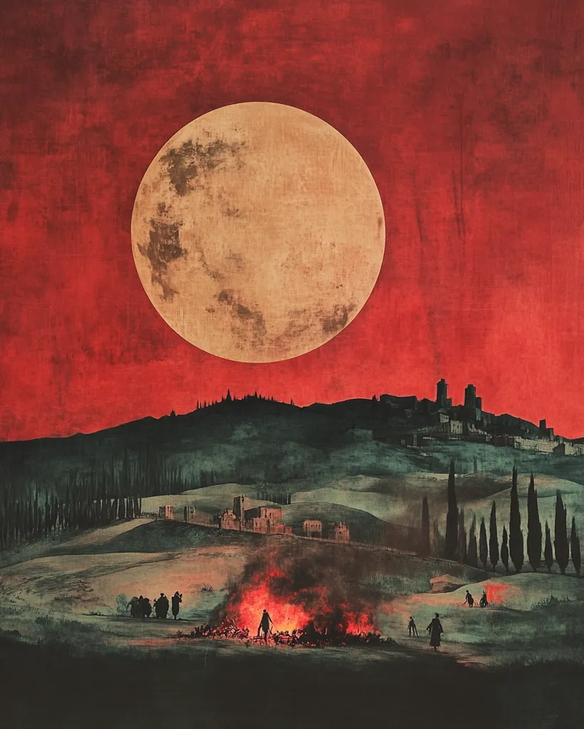 A large, full moon hangs in a blood-red sky over a silhouetted landscape. A small village sits nestled amongst rolling hills, and in the foreground a group of figures gather around a burning fire. The scene has a dark, ominous feel.  The image suggests a time of danger and uncertainty.