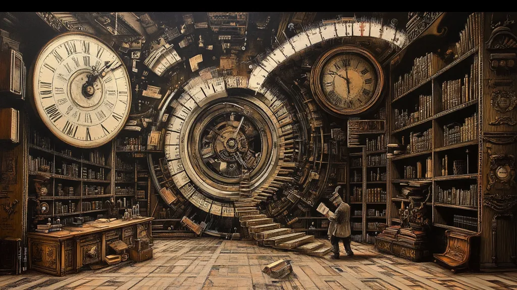 The image depicts a fantastical library with intricate clockwork details. A large clock face dominates the left side of the image, while a circular, intricate mechanism with gears and cogs forms a central focal point. The room is lined with bookshelves filled with leather-bound volumes, suggesting a place of knowledge and history. A single figure stands in the foreground, absorbed in reading a book. The overall atmosphere is one of mystery and wonder, blending the realms of time and literature.