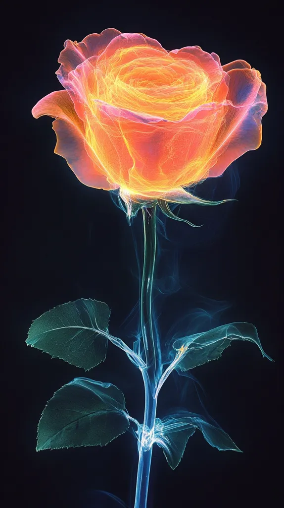 A single rose is depicted in a glowing, ethereal style. The petals are rendered in shades of orange and yellow, while the stem and leaves are a shimmering blue-green. The background is a stark black, highlighting the rose's luminous quality. The image evokes a sense of beauty and fragility.