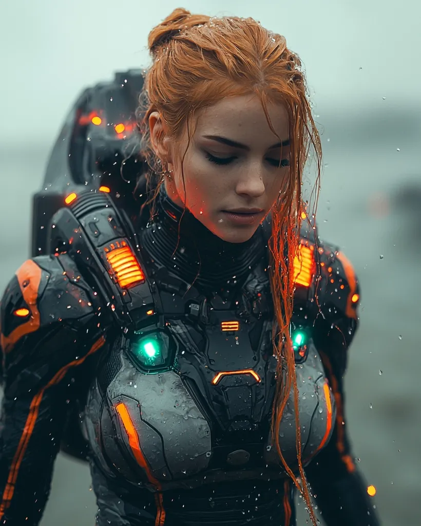 A woman with long, wet, red hair, wears a futuristic, black and orange suit with glowing lights, and stares down with a contemplative expression. The suit is detailed and intricate, with a futuristic aesthetic. She is standing in a rainy environment. Rain drops fall around her, and the image has a gritty, sci-fi feel.