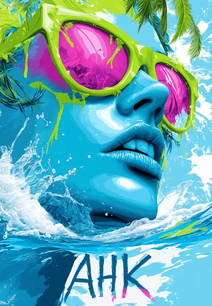 The image is a vibrant, colorful painting of a woman's face. She is wearing bright green sunglasses with pink lenses. Her skin is painted a vibrant blue, and her lips are a bright blue as well. The background is a splash of turquoise water with white foam. The word "AHK" is painted in bold letters at the bottom of the image. The painting is full of energy and movement. The woman's face is partially submerged in the water, which suggests that she is either swimming or diving. The colors and the overall style of the image are reminiscent of a summer day at the beach.