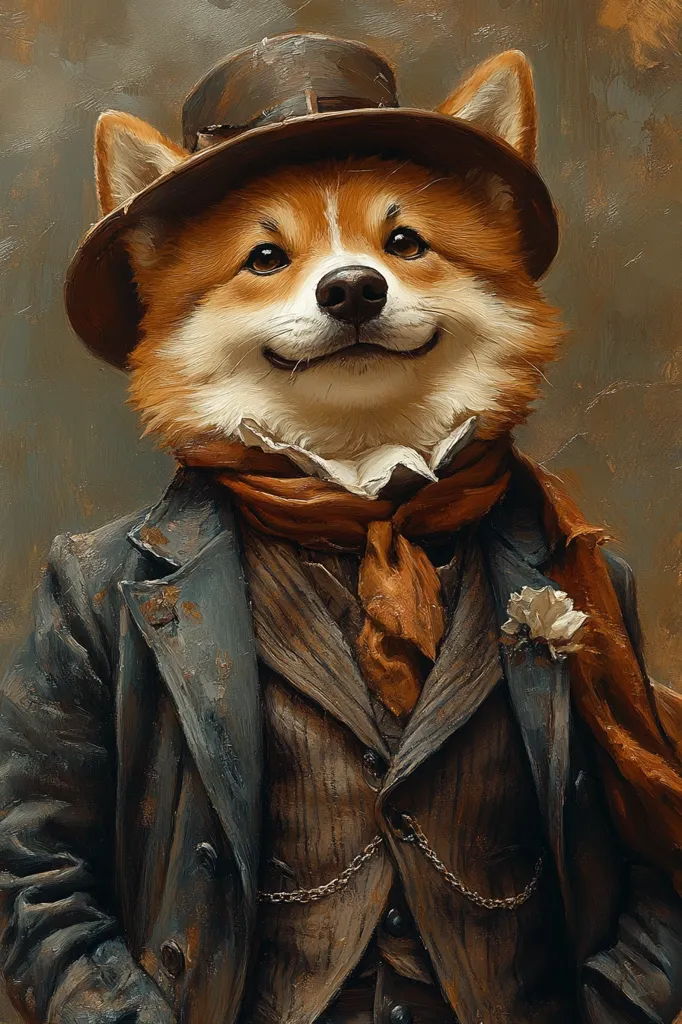 A corgi dog, dressed in a brown suit with a vest and an orange tie, wears a brown hat with a brim and a white flower. The dog has a warm, welcoming smile and looks directly at the viewer. The painting is rendered in a realistic style with subtle brushstrokes and earthy tones.  The background is a blurred, warm brown. The dog's expression is gentle and inviting.