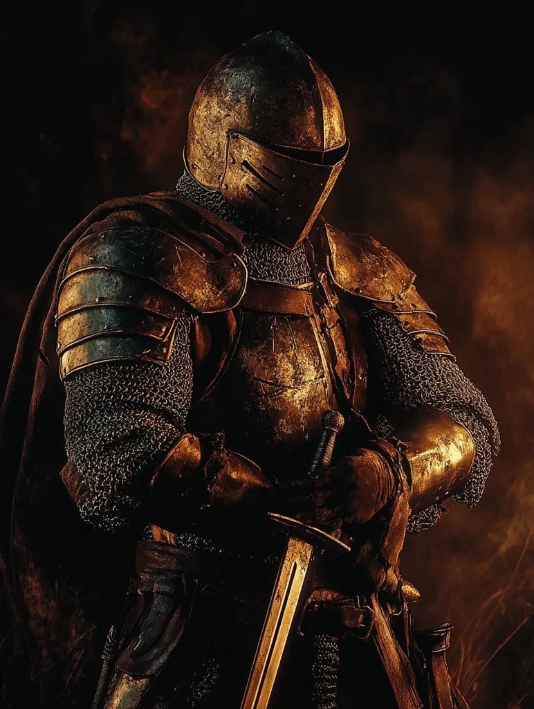 A knight in full plate armor stands against a backdrop of smoke and fire. His helmet is closed, hiding his face, and he holds a sword in his gloved hands. His armor is a mixture of chainmail and plate, and it is worn and weathered, suggesting that he has seen much battle. The light from the fire casts long shadows on his armor and the surrounding landscape, creating a sense of mystery and danger.  The knight stands resolute, ready to face any threat.