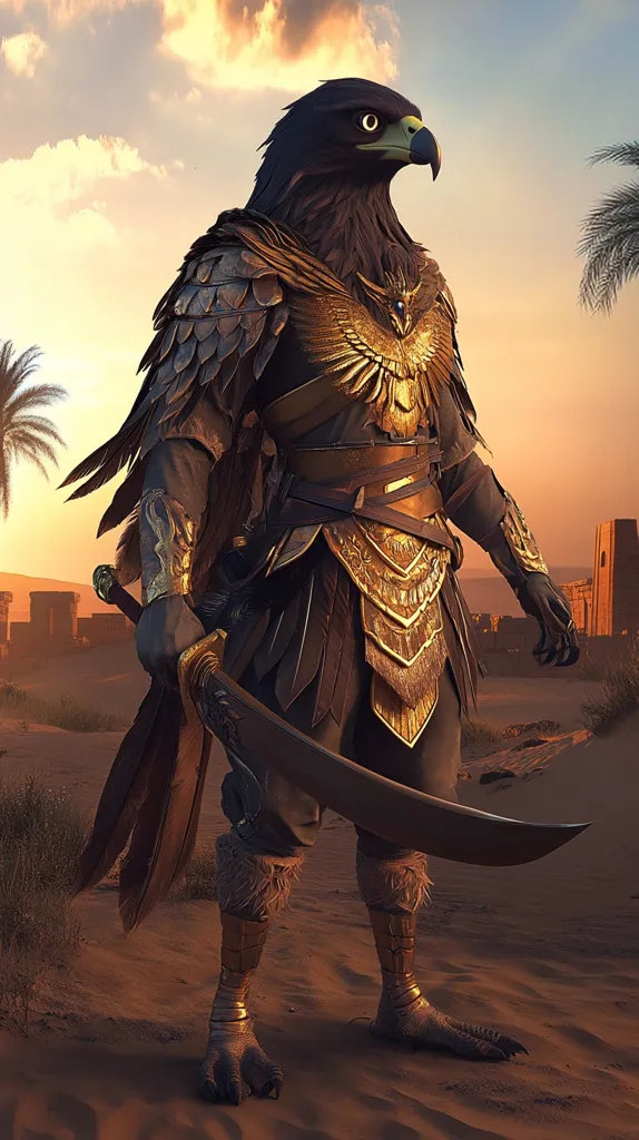 A humanoid figure with a hawk's head and body stands in a desert setting, adorned in gold and leather armor. The figure holds a curved sword in one hand, and its sharp talons are visible. The setting sun casts a warm glow on the scene, highlighting the figure's powerful presence. The background features a distant city with palm trees and sand dunes.  The image evokes a sense of mystery and ancient power.