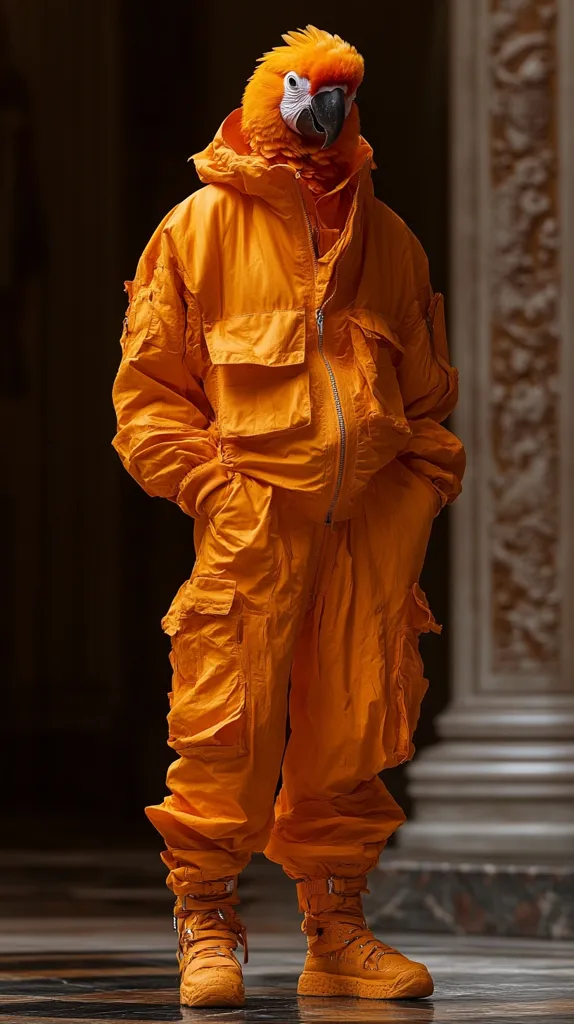 A parrot wearing a bright orange jumpsuit and large boots stands in a grand hall with ornate columns. The parrot's head is cocked to the side, and its eyes are fixed on something out of frame. The jumpsuit has a zipper down the front and several pockets. The boots have thick laces and a chunky sole.  The image is a humorous take on fashion and anthropomorphism.