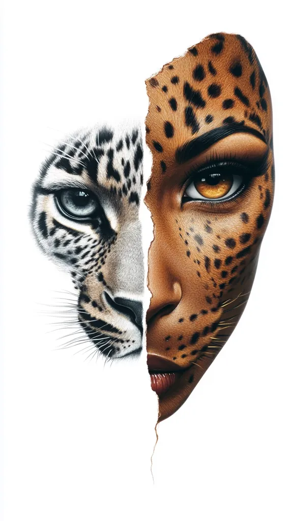 A close-up of a woman's face. Half of her face is a realistic depiction of a leopard, with brown and black spots and a fierce, predatory look. The other half of her face is human, with brown skin and a sensual expression. The two halves of her face are separated by a jagged, torn line, suggesting a duality or transformation. The image is rendered in a hyperrealistic style, with intricate details and textures.