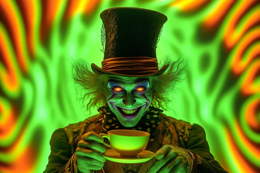 A sinister-looking figure with white face paint, glowing red eyes, and a menacing grin wears a black top hat and holds out a teacup.  The backdrop is a swirl of green and orange light. The figure is dressed in a dark vest with white polka dots.  This image has a haunting, slightly unsettling feel to it.  The figure looks as though they might be inviting the viewer to partake in a dangerous game.