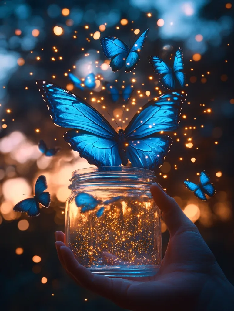 A hand holds a glass jar filled with twinkling gold light, with a large, vibrant blue butterfly perched on the rim. Several smaller butterflies flit around the jar, their wings catching the light. The background is a blurred  blue and orange, with glowing dots of light. The image evokes a sense of magic and wonder, like the jar is holding a captured dream.