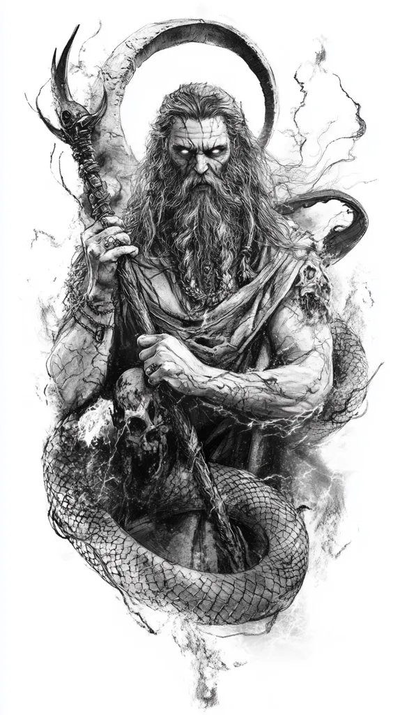 A black and white drawing of a powerful and imposing figure. The figure is a man with a long beard and a fierce expression, he holds a large staff with a skull at the top. He is surrounded by a snake, the creature's scales are visible as well as its head. The image has a dark and foreboding atmosphere.