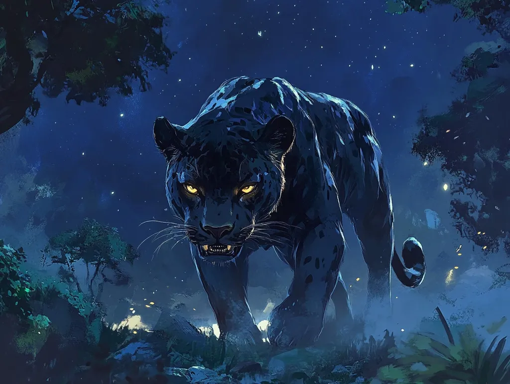 A majestic black panther with piercing yellow eyes stands against a dark, starry night sky. The panther's sleek black fur blends with the shadows of the surrounding jungle, creating a sense of mystery and danger. The scene is illuminated by a soft glow from the moon and scattered stars, highlighting the panther's powerful presence. The image evokes a sense of wildness and primal beauty, as the panther prowls through its nocturnal domain.