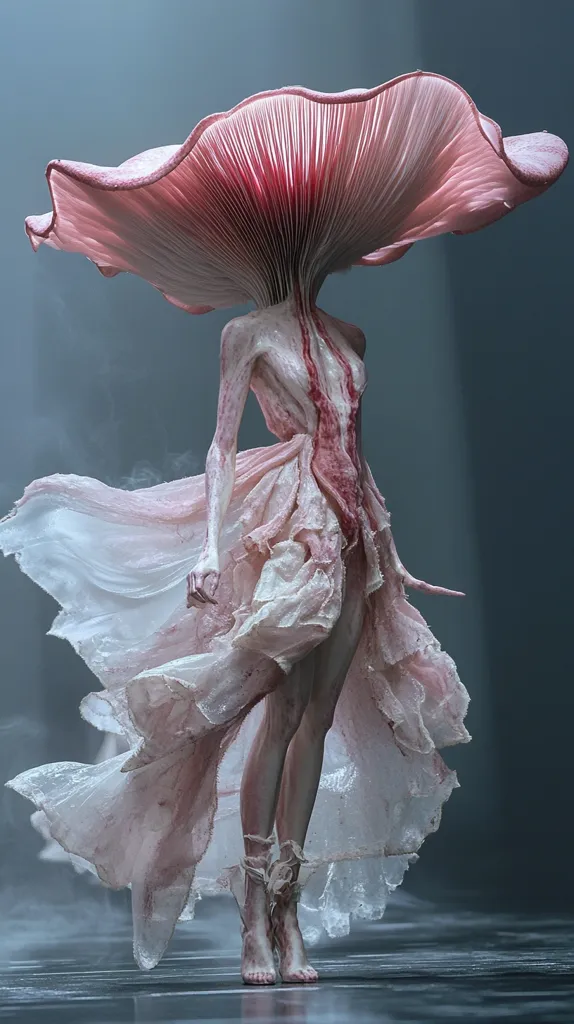 A woman in a flowing pink gown stands on a stage. The gown resembles the petals of a large pink mushroom, with its intricate design flowing down her body and trailing behind her. She is looking down with a sense of ethereal beauty, her pose suggesting a delicate and mysterious presence.  The muted grey background emphasizes the pink hues of her attire and enhances the overall ethereal mood of the image.