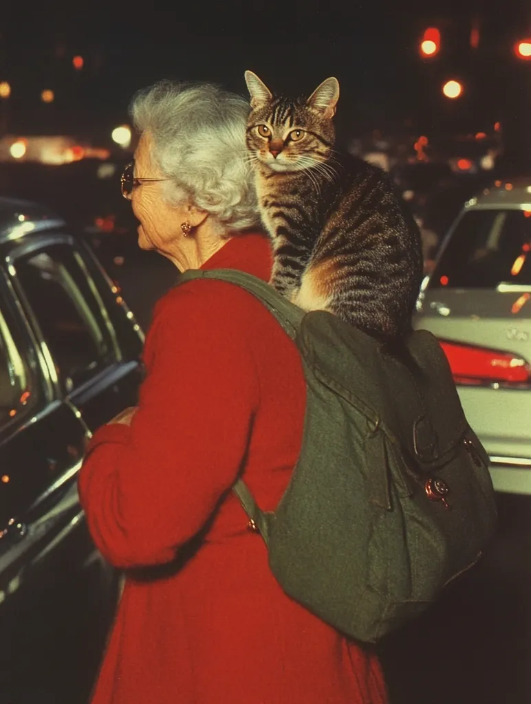 An older woman in a red coat and glasses is carrying a tabby cat on her back in a green backpack. She is walking down a street with blurred out cars and city lights in the background. The cat is sitting on the backpack, looking off to the side with a curious expression. The woman seems to be on her way somewhere, maybe to a dinner party or a friend's house. The scene is captured in a moment of casual everyday life, with a hint of whimsical charm.