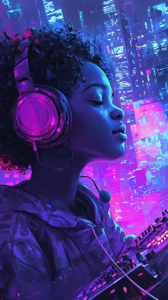 A young person with short curly hair is wearing headphones with pink accents and a dark hoodie. They are facing to the right, eyes closed, lost in the music as they work on a mixing board. The background is a cityscape with vibrant purple and blue hues.  A sense of tranquility and immersion in music is conveyed.