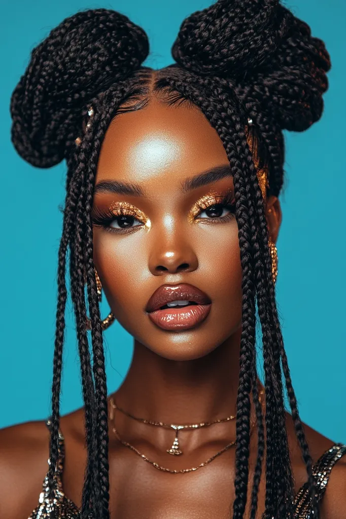 A young woman with dark skin and long black braids styled in two buns stares directly at the camera. Her makeup features gold glitter eyeshadow and a glossy brown lip. She wears a delicate gold necklace and a shimmering black top. The background is a bright blue.  She appears confident and glamorous.
