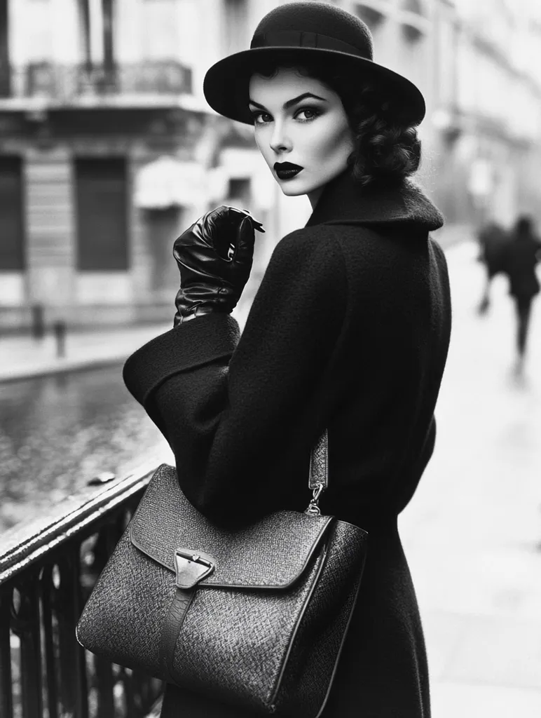 A woman in a black coat and hat stands in a city street, her gaze fixed on something off-camera. She wears gloves and carries a structured handbag. The scene is captured in black and white, emphasizing the woman's mysterious and stylish presence. Her expression is intriguing, hinting at a story waiting to be revealed.