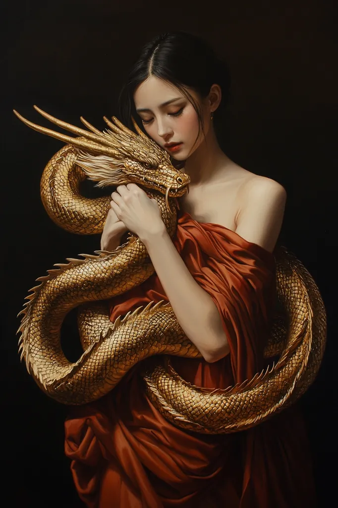 A woman with long dark hair and a red gown is holding a golden dragon. The dragon is wrapped around her body, its head resting against her chest. The woman's face is serene and she appears to be looking down at the dragon. The background is dark, creating a dramatic and mystical atmosphere. The image is a beautiful and powerful depiction of the connection between humans and mythical creatures.  The woman's gaze is gentle and caring, suggesting a deep bond with the dragon. The overall composition and lighting create a sense of intimacy and wonder.