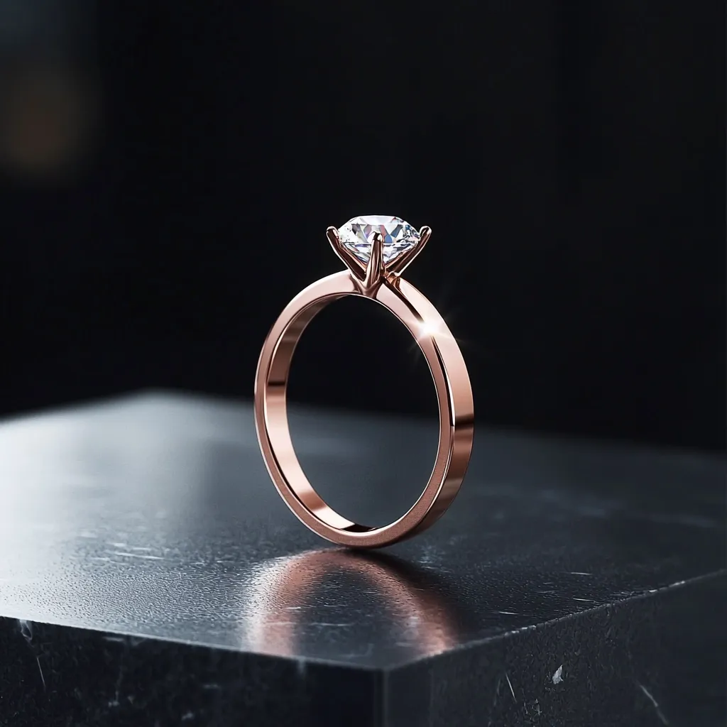 A classic solitaire diamond engagement ring with a round brilliant-cut diamond set in a rose gold band, sits on a black marble surface. The ring is positioned so that the diamond is facing the viewer, and the light catches the facets of the diamond, creating a sparkling effect.  The black background creates a sense of elegance and sophistication.