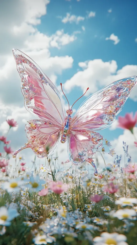 A delicate, glass-like butterfly with pink and iridescent wings is suspended above a field of white and pink wildflowers.  The sky is bright blue and dotted with fluffy white clouds. The butterfly appears to be made of glass or crystal, and it is a beautiful and whimsical image.